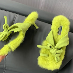 Fashion Women Furry Sandals Autumn Winter Ankle Strap Short Plush Slides Female Casual Outside Fur Shoes Ladies Thin Heels Pumps