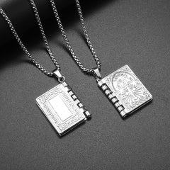 Man Woman Vintage Bible Cross Pendant Engraved Bible Book Necklace Christian Amulet Ornament