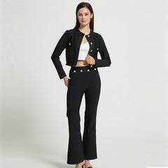 New  Autumn Casual Women Bandage 2 Two Pieces Sets Sexy Long Sleeve Button Coat &amp; Full Pants Black O Neck Club Party Set