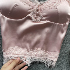 Women Satin Splicing Lace Camis Back Folds Tank Top Pink With Chest Pad Corset Backless Sleeveless Slim Bralette Sexy Crop Tops