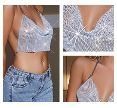 Leqoel Rhinestone Tops for Women 2022 Fashion Sleeveless Halter Hollow Out Shiny Metal Cropped Mesh Tank Sexy Backless Top