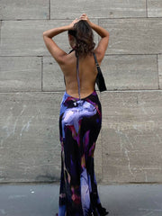 Backless Maxi Dress Women Sexy Purple Print Halter Bodycon Dress