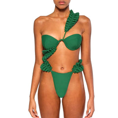 Solid Color Pleated Design Push Up Swimsuit Two Piece Cut Out Beachwear