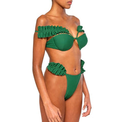 Solid Color Pleated Design Push Up Swimsuit Two Piece Cut Out Beachwear