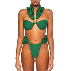 Solid Color Pleated Design Push Up Swimsuit Two Piece Cut Out Beachwear