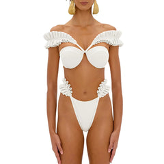 Solid Color Pleated Design Push Up Swimsuit Two Piece Cut Out Beachwear