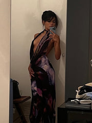 Backless Maxi Dress Women Sexy Purple Print Halter Bodycon Dress