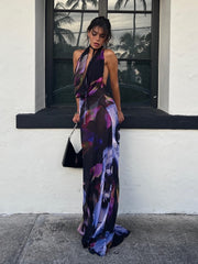 Backless Maxi Dress Women Sexy Purple Print Halter Bodycon Dress