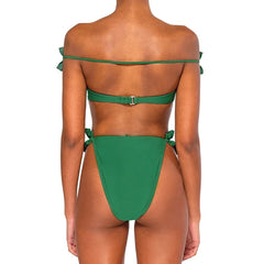 Solid Color Pleated Design Push Up Swimsuit Two Piece Cut Out Beachwear