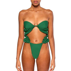 Solid Color Pleated Design Push Up Swimsuit Two Piece Cut Out Beachwear