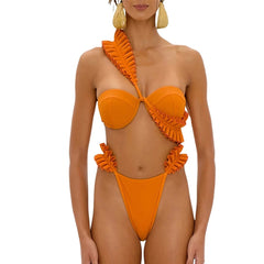 Solid Color Pleated Design Push Up Swimsuit Two Piece Cut Out Beachwear