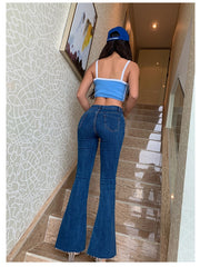 Flare Wide Legs Jeans Pants Vintage Denim Ladies Jeans High Waist Stretch Pocket Trousers