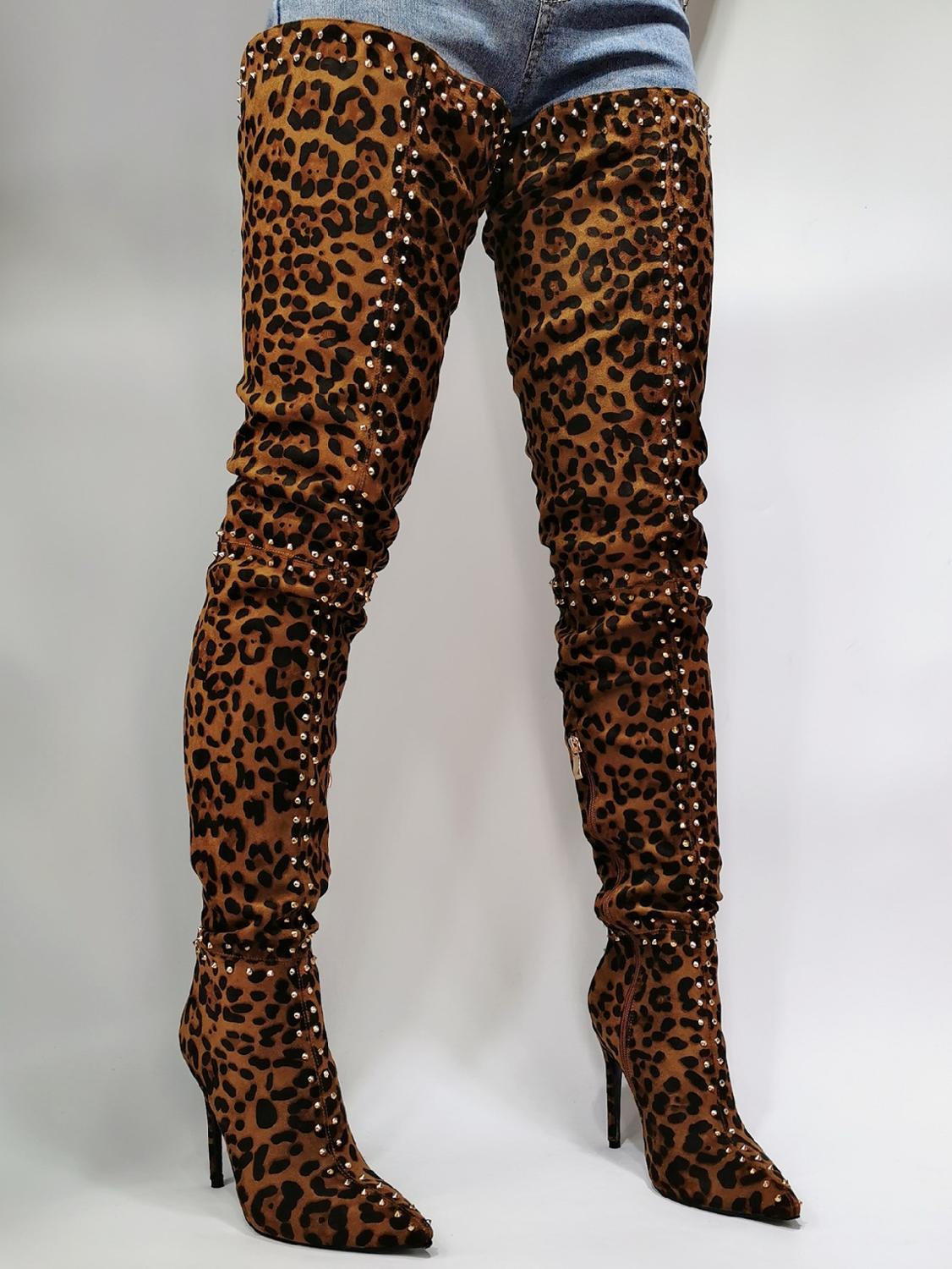 Stretch Thigh High Leopard Boots Over the Knee Boots Thin High Heel Long Shoes