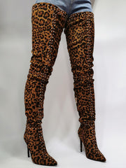 Stretch Thigh High Leopard Boots Over the Knee Boots Thin High Heel Long Shoes