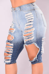Summer cool ripped jeans For women Fashion color matching high waist denim jeans Casual Biker jeans Knee Length pants S-2XL