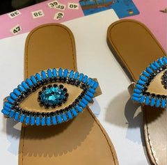 2021 women summer luxury round head set toe flat large size rhinestone gems all-match outdoor beach sandals durable ms slippers