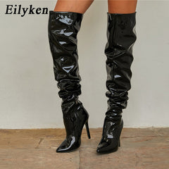 Pleated Patent Leather Motorcycle Over The Knee Pointed Toe Zip Thigh High boots