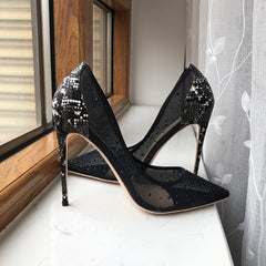 Croc-effect Women Pointed Toe Mesh Pumps