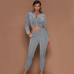 Velvet Tracksuit Crop Top Set Two Piece