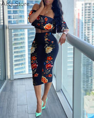 2 Piece Sets Floral Print Ruffles Off Shoulder Top &amp; Skirt Set