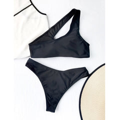 Sexy Hollow Out Bikini 2022 New One Shoulder Swimwear Women Swimsuit Female Two Pieces Bikini Set Solid Bathing Suits Beachwear