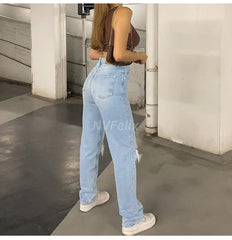 Loose Fit Jeans Ripped Wide Leg High Waist Blue Wash Casual Cotton Denim Trousers  Baggy Jean Pants