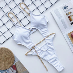 One Piece Swimsuit Hollow Out Bathing Suit Metal Chain Bikini High Cut Thong