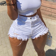 Znaiml New 2021 Summer Ripped Hole Hollow Out Jeans For Women High Waist Sexy Tassels Cut Open Button Slim Denim Shorts Pants