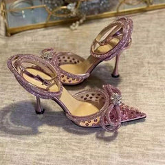 Glitter Rhinestones Pumps Crystal bowknot Satin Shoes Genuine leather High heels