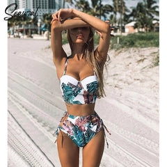 High Waist Bikini Push Up Bandage Bikini Floral Two Pieces Strapy Swimsuit