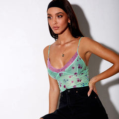 Y2K Floral Print Lace Cami Top Sexy Mesh Sheer Transparent Spaghetti Strap Top Sleeveless Streetwear Women Crop Tops 2023