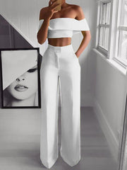 Summer White Black 2 Piece Set Women Clothing Wide Leg Pants Suits Sexy Cropped Top + Long Trousers Fashion Woman Tracksuits