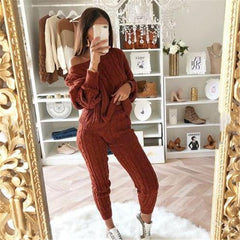 2 Piece Set Casual Knitted Tracksuit Sportswear Warm Sweater + Long Pants Outfits