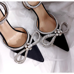 Glitter Rhinestones Pumps Crystal bowknot Satin Shoes Genuine leather High heels