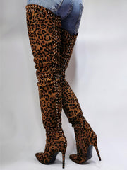 Stretch Thigh High Leopard Boots Over the Knee Boots Thin High Heel Long Shoes