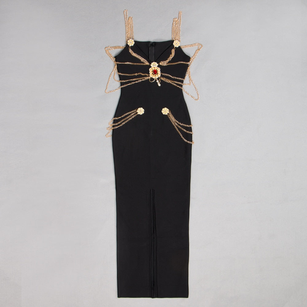 Runway Fashion Maxi Long Bandage Dress Open Fork Chains Strap Fashion Beading Bandage Dress Cocktail Party Bodycon Dress 2020