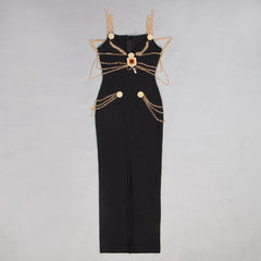 Runway Fashion Maxi Long Bandage Dress Open Fork Chains Strap Fashion Beading Bandage Dress Cocktail Party Bodycon Dress 2020