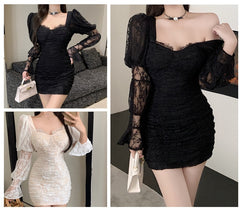 Lace Bodycon Party Dress Lantern Sleeve Gothic Mini Dress