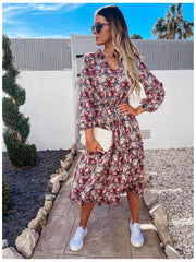 2021 Summer Women Vintage Dress High Waist Ruffle Lady Casual Dress Sexy V-Neck Elegant Floral Printed Puff Sleeve Female Dress