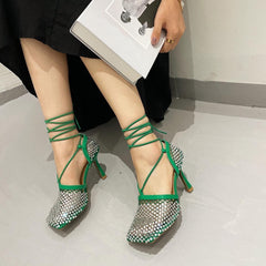 High Heel Pumps Crystal Fishnet Sandals Square Toe Ankle Cross Tied Rhinestone Shoes