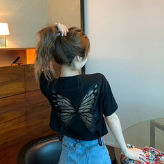 Summer Women Sexy T-shirt Female Summer Elegant Butterfly Hollow Out Short Sleeve Tees Ladies Loose Casual Tops T-shirts