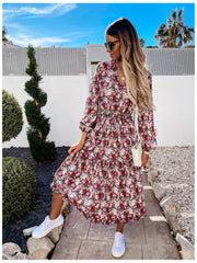 2021 Summer Women Vintage Dress High Waist Ruffle Lady Casual Dress Sexy V-Neck Elegant Floral Printed Puff Sleeve Female Dress