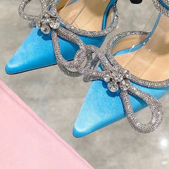 Glitter Rhinestones Pumps Crystal bowknot Satin Shoes Genuine leather High heels