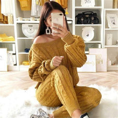 2 Piece Set Casual Knitted Tracksuit Sportswear Warm Sweater + Long Pants Outfits