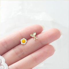 Fashion Asymmetric Knife Fork Poached Egg Bird Nest Stud Earrings for Women Girls Party Wedding Jewelry Gift 1 Pair