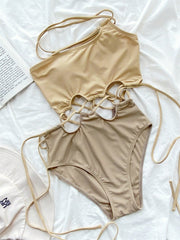 Para Praia Sexy Hollow Out Bikini Women Bandeau One Piece Swimsuit 2022 New One Shoulder Swimwear Women High Waist Bathing Suit