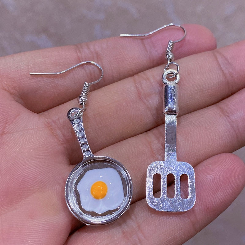 1 Pair Funny Asymmetric Shovel Pan Fried Egg Enamel Drop Earrings Women&#39;s Fashion Aesthetics Jewelry  For Wife&#39;s aretes Gift