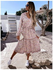 2021 Summer Women Vintage Dress High Waist Ruffle Lady Casual Dress Sexy V-Neck Elegant Floral Printed Puff Sleeve Female Dress