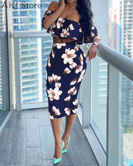 2 Piece Sets Floral Print Ruffles Off Shoulder Top &amp; Skirt Set