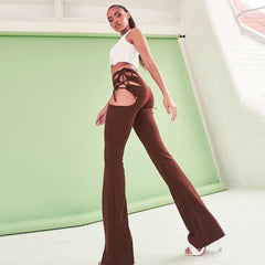 BOOFEENAA Sexy Side Hollow Out Lace Up High Waisted Flare Pants Women White Brown Bottoms Trousers Fall Trendy Clothes C85-CF24